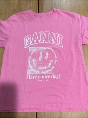 Ganni Pink 'Have a Nice Day' smiley Graphic Tee, one size
